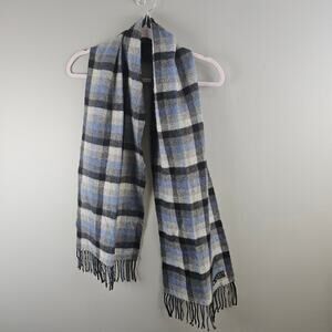 Amicale 100% Pure Cashmere Plaid Scarf Blue Gray Check Pattern Soft Luxury
